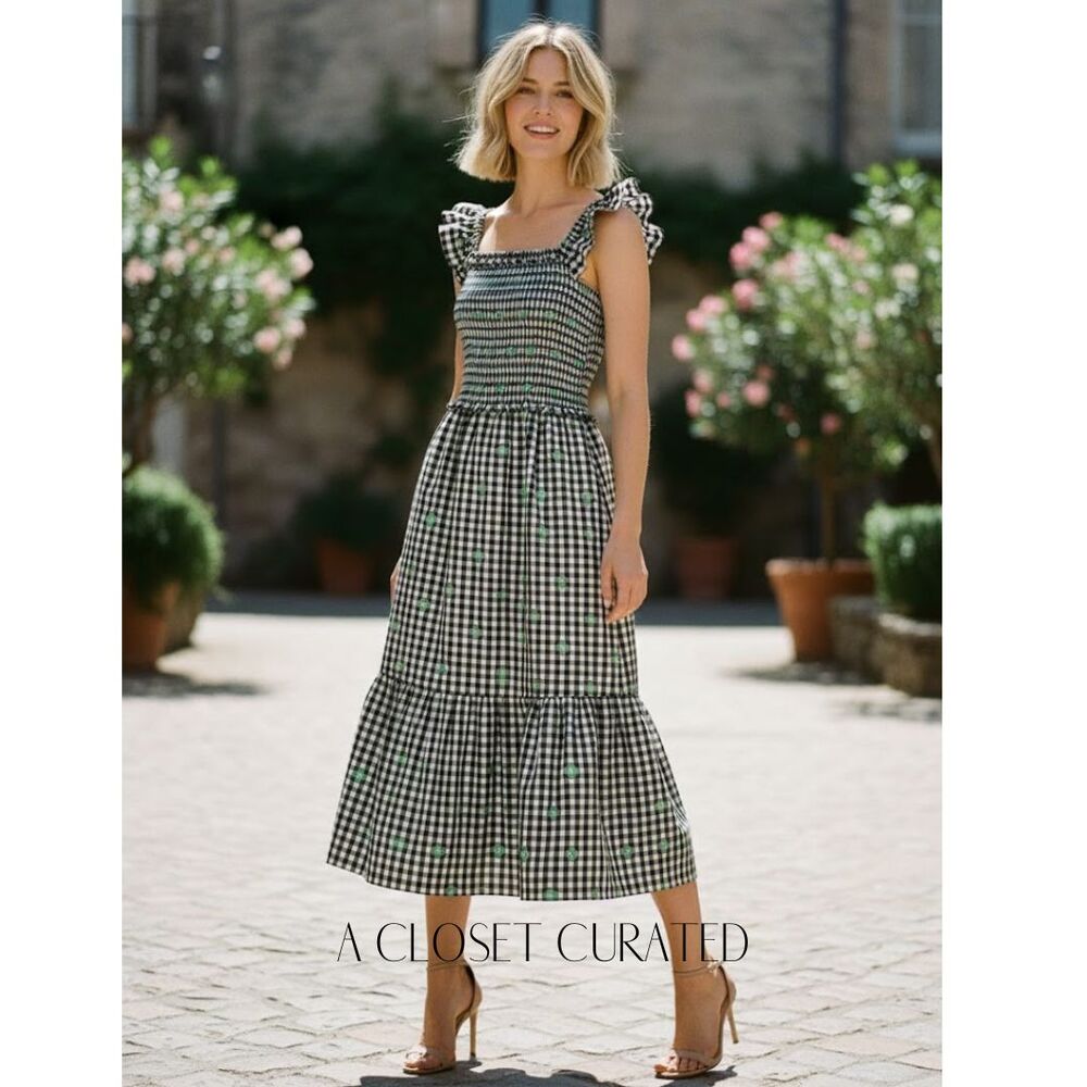 Kate Spade Gingham Voile Smocked Midi Dress XS Green NEW